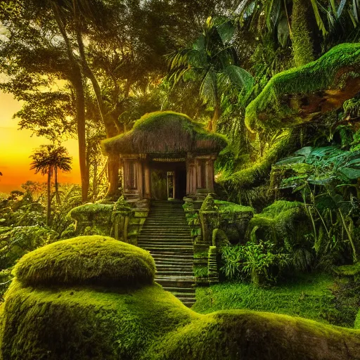 Prompt: a jungle temple surrounded by moss and tropical flowers, with a sunset, by alex horley, bokeh photography, amber colour