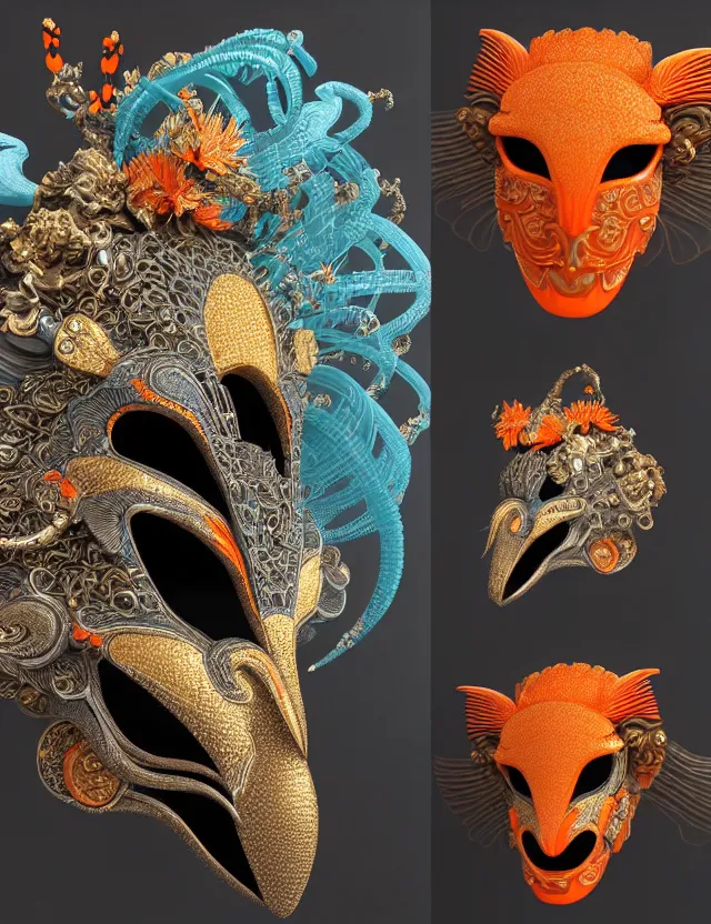 Image similar to 3 d goddess close - up profile portrait biomechanics with ram skull. beautiful intricately detailed japanese crow kitsune mask and clasical japanese kimono. betta fish, jellyfish phoenix, bio luminescent, plasma, ice, water, wind, creature, artwork by tooth wu and wlop and beeple and greg rutkowski. gold and black and teal and orange color scheme