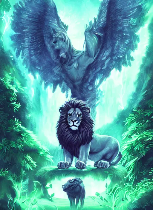 Image similar to portrait of a mythological beast with lion body and bird wings in the middle of a lush forest at night. diffuse neon light, dramatic landscape, fantasy illustration, matte painting