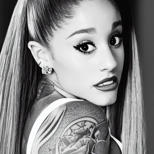 Prompt: ariana grande recursive photo beautiful ariana grande photo bw photography 130mm lens. ariana grande backstage photograph posing for magazine cover. award winning promotional photo. !!!!!COVERED IN TATTOOS!!!!! TATTED ARIANA GRANDE NECK TATTOOS