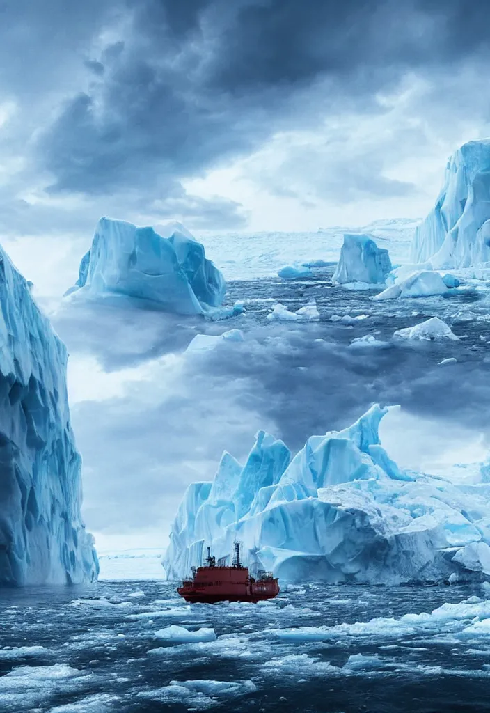 Image similar to ship being persecuted by a police ship over raging turbulent waters in antartica, icebergs in the background, hyper realistic, highly detailed, digital art, apocalyptic, intimidating lighting, raytracing, sharp focus, smooth, dramatic action scene