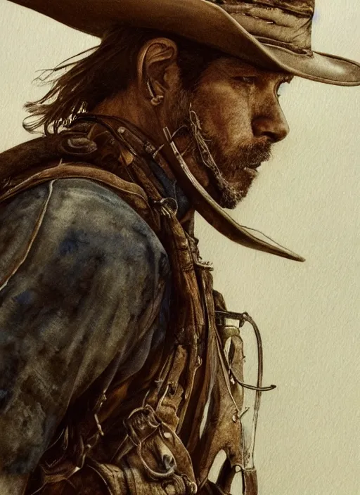 Image similar to portrait, a last stand of a cowboy, watercolor, dramatic lighting, cinematic, establishing shot, extremely high detail, foto realistic, cinematic lighting, pen and ink, intricate line drawings, by Yoshitaka Amano, Ruan Jia, Kentaro Miura, Artgerm, post processed, concept art, artstation, matte painting, style by eddie mendoza, raphael lacoste, alex ross