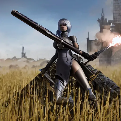 Prompt: a high resolution very detailed image of a 2 with fgm 1 4 8 javelin rocket launcher in russian tank boss fight from nier : automata in yellow rye field under pure blue skies