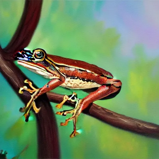 Prompt: beautiful oil painting of a common frog on a tree, sunlight, award - winning, matte,