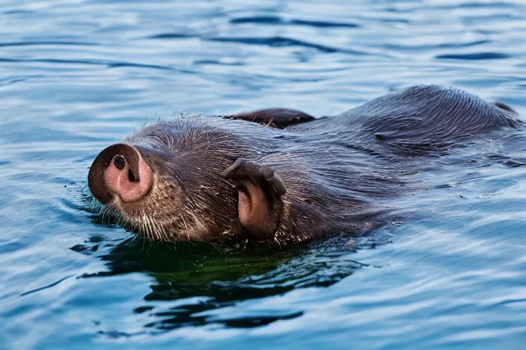 Image similar to a pig sea otter!!! hybrid! hyper realistic!! realistic lighting!! wildlife photographer of the year!!! bold natural colors, national geographic, hd, wide angle, 8 k