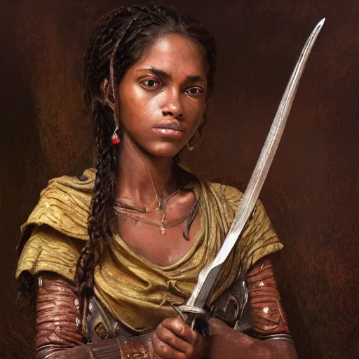 Image similar to artstation concept of a beautiful girl holding a sword in both hands, brown skin, sweaty skin, symmetrical face, casual white garment, brown canyon background, shiny colorful, hyperdetailed, artstation trending, world renowned artists, worth1000.com, historic artworks society, antique renewel, cgsociety, by greg rutkowski, by Gustave Dore, Deviantart