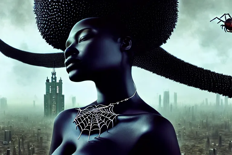 Image similar to realistic detailed photorealistic portrait movie shot of a beautiful black woman with a giant spider, dystopian city landscape background by denis villeneuve, amano, yves tanguy, alphonse mucha, ernst haeckel, david lynch, edward robert hughes, roger dean, cyber necklace, fashion shoot, rich moody colours, cyber patterns, wide angle