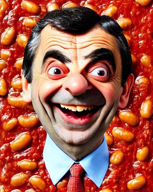 Prompt: portrait of mr bean smiling in a bowl full of baked beans, face covered in beans and tomato sauce, rowan atkinson, mr bean face, oil painting, highly detailed