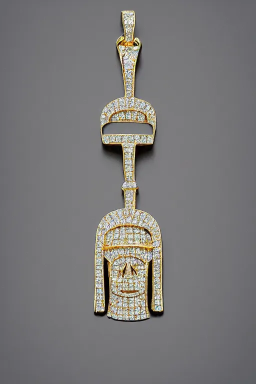 Prompt: diamond and gold pendant made in the shape of jesus's head with diamonds encrusted throughout the face in the style of hip hop jewelry