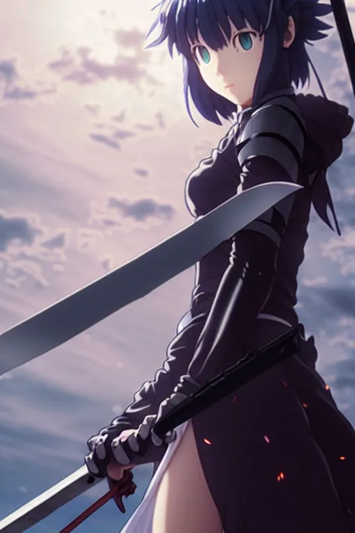 Image similar to a film still portrait of the catgirl with a giant sword of the black swordsman, finely detailed features, closeup at the faces, perfect art, gapmoe yandere grimdark, trending on pixiv fanbox, painted by greg rutkowski makoto shinkai takashi takeuchi studio ghibli, akihiko yoshida