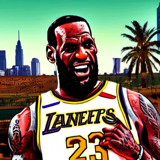 Image similar to happy lebron james, gta v cover art, art by stephen bliss, matte painting