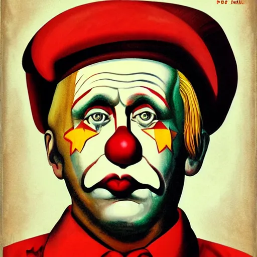 Image similar to communist clown portrait, soviet propaganda style, poster, putin