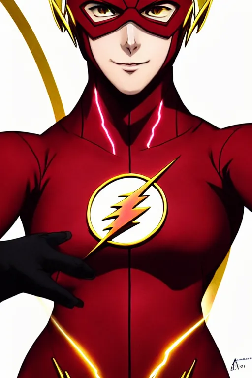 Image similar to anime key visual of a beautiful female the flash!! intricate, red, black, gold suit, powers, speed, lightning hate, dc comics, cinematic, stunning, highly detailed, digital painting, artstation, smooth, hard focus, illustration, art by artgerm and greg rutkowski and alphonse mucha
