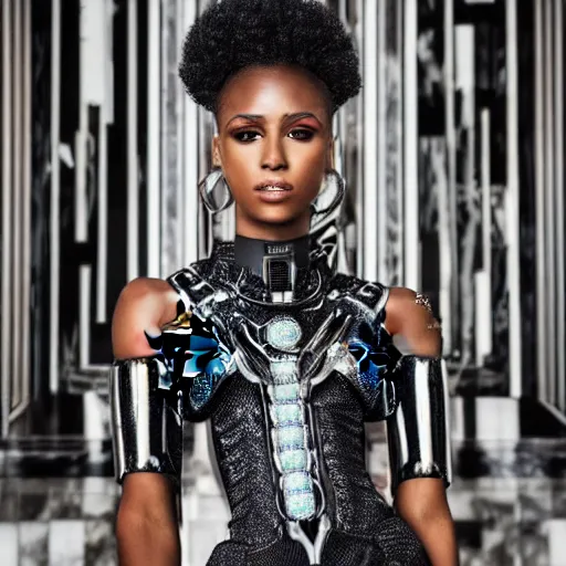 Prompt: close up of a black female fashion model in year 3000 in art-deco entrance hall, model wearing a robotic black dress, photography , official Versace editorial , highly detailed