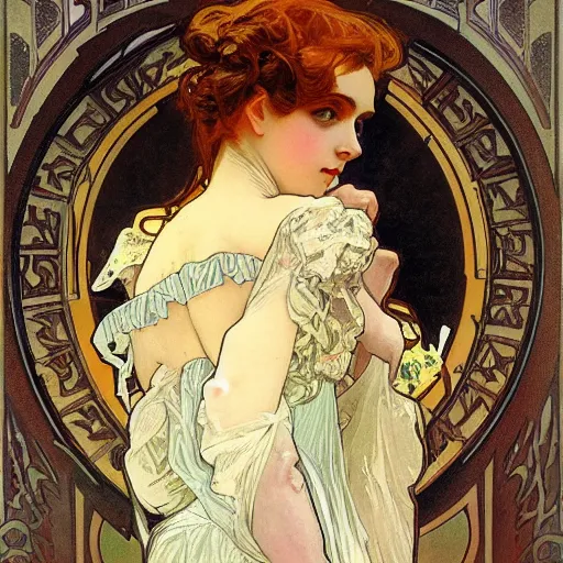 Prompt: young victorian woman in ball gown, painted by alphonse mucha