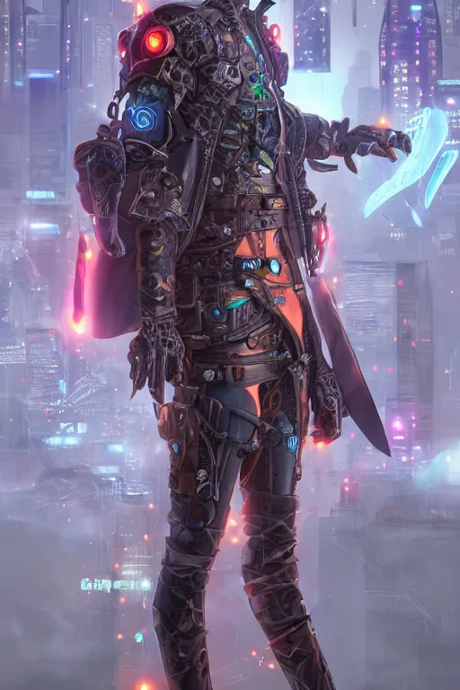 Image similar to full body Portrait of a cyberpunk cyborg ninja , D&D, sci fi fantasy, intricate, richly detailed colored , art by Range Murata, highly detailed, 3d, octane render, bright colors, digital painting, trending on artstation, sharp focus, illustration style of Stanley Artgerm,