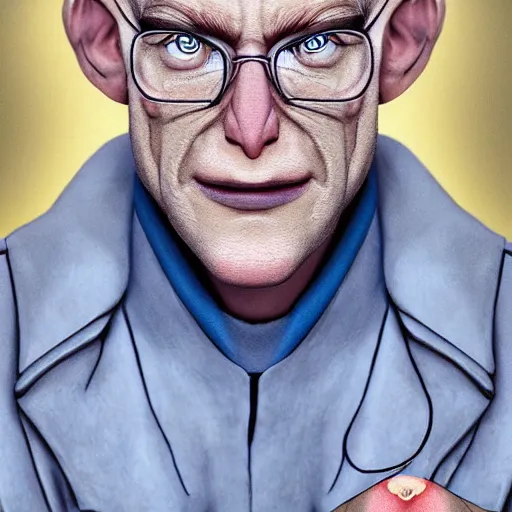 Image similar to A middle-aged Dr. Venture in real life with a hooked nose, a long gaunt face and skinny body and neck, very thin and bald, realistic, very realistic, hyperrealistic, highly detailed, very detailed, extremely detailed, detailed, digital art, oil painting, trending on artstation, headshot and bodyshot, detailed face, very detailed face, extremely detailed face, HD Quality, 8k resolution, very very detailed face, real life