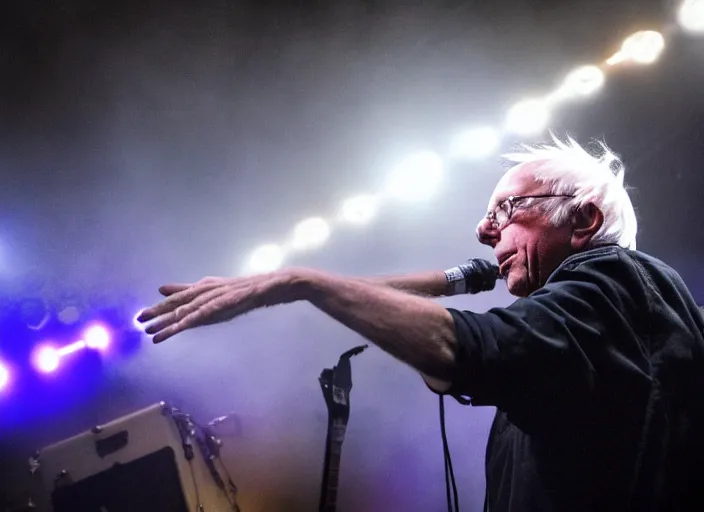 Image similar to publicity photo still of bernie sanders in a punk band playing live on stage, 8 k, live concert lighting, mid shot