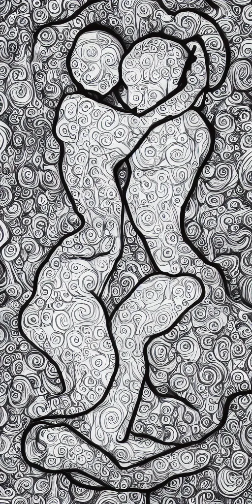 Prompt: bodies made of swirling fabric, two human bodies cuddling