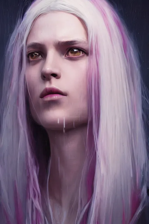 Image similar to a fancy portrait of a young women with long white hair and deep pink eyes by greg rutkowski, sung choi, mitchell mohrhauser, maciej kuciara, johnson ting, maxim verehin, peter konig, 8 k photorealistic, cinematic lighting, hd, high details, dramatic, atmosphereric, trending on artstation