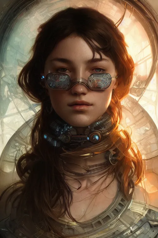 Image similar to ultra realistic illustration, closeup portrait shot, perfect lighting, hacknaut cyberpunk, sci - fi, fantasy, intricate, elegant, highly detailed, digital painting, artstation, concept art, smooth, sharp focus, illustration, art by artgerm and greg rutkowski and alphonse mucha