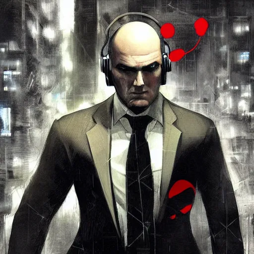 Image similar to a portrait of agent 4 7 from hitman wearing headphones, dark background, red rim light, digital art, artstation, art by yoji shinkawa