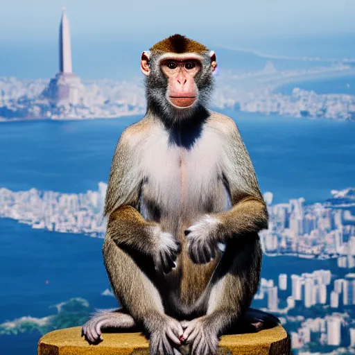 Image similar to high quality portrait of a monkey in front of Christ The Redeemer, studio photograph, photograph, realistic photo, 8k photo, 4k photo, stock photo, high resolution, cinematic shot, high detail