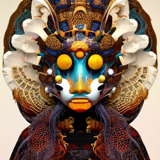 Image similar to 3 d goddess close - up frontal portrait with ram golden skull. beautiful intricately detailed japanese crow kitsune mask and clasical japanese kimono. betta fish, jellyfish phoenix, bio luminescent, plasma, ice, water, wind, creature, mandelbulb, fractal, artwork by tooth wu and wlop and beeple and greg rutkowski