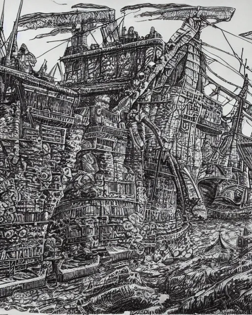 Prompt: pen and ink drawing of the port of peril, fighting fantasy style image, by steve jackson and ian livingstone, highly detailed