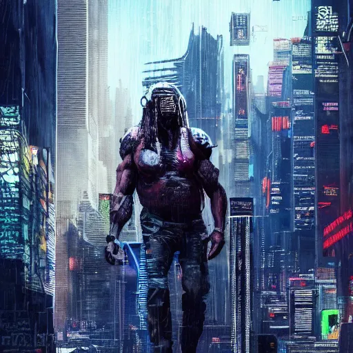 Prompt: high quality photo of The Predator in a cyberpunk cyberpunk cyberpunk city, realism, 8k, award winning photo