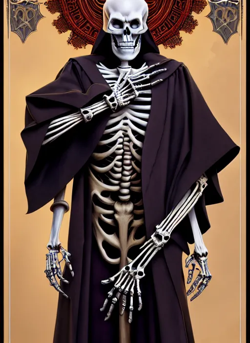 Image similar to undead skeleton king, wearing an academic gown, regal, tarot card, highly detailed, deep focus, elegant, digital painting, smooth, sharp focus, illustration, ultra realistic, 8 k, art by artgerm and alphonse mucha and greg rutkowski