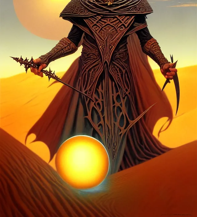 Image similar to a defiler wizard upon the dunes, the dark sun of athas,'dark sun'- campaign setting, brom's dark sun art on a 7 0's style fantasy novel cover, digital painting by brom, amazingly detailed d & d art, concept art, intricate details, beautiful, volumetric lighting, ultrarealistic, cgsociety, artstation