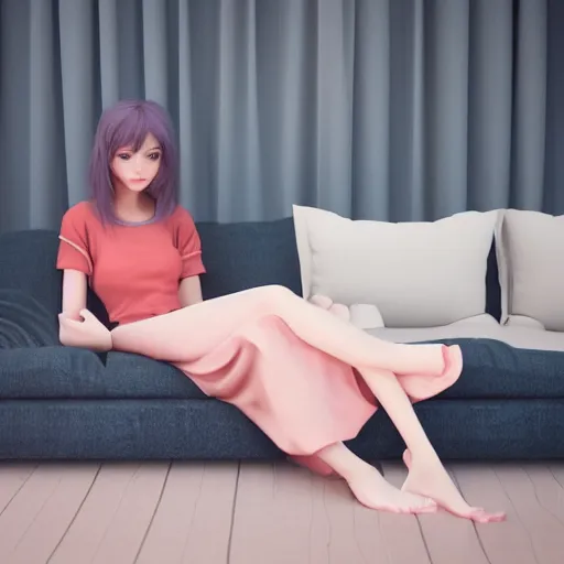 Image similar to 3 d render of a cute thin young woman, red blush, wearing casual clothes, small smile, relaxing on a couch, cuddling up under a blanket, cozy living room, medium shot, 8 k, octane render, trending on artstation, art by artgerm, unreal engine 5, hyperrealism, hyperdetailed, ultra realistic