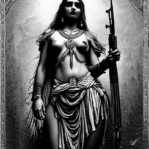 Image similar to marana slavic goddess with ak - 4 7 in six arms in traditional slavic clothes : by gustave dore and greg rutkowski and wlop, mystic high contrast monochromatic noir
