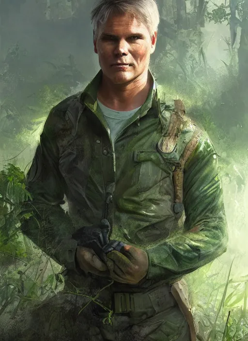 Image similar to portrait of a young richard dean anderson wearing a green combat uniform, in a post apocalyptic city overgrown by plants, by wlop, by greg rutkowski, cover illustration, concept art, volumetric lighting, volumetric atmosphere, sharp focus, octane render, trending on artstation, 8 k