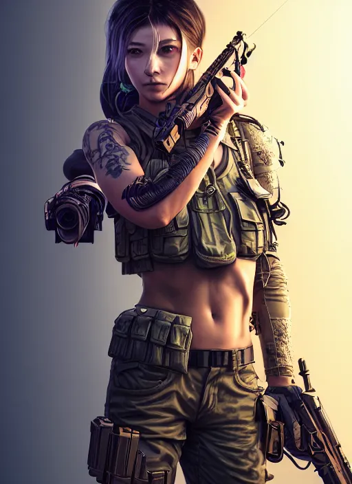 Image similar to the portrait of lawful neutral female cyberpunk marine sniper as absurdly beautiful, gorgeous, elegant, young gravure idol, an ultrafine hyperdetailed illustration by kim jung gi, irakli nadar, intricate linework, bright colors, octopath traveler, final fantasy, unreal engine 5 highly rendered, global illumination, radiant light, detailed and intricate environment