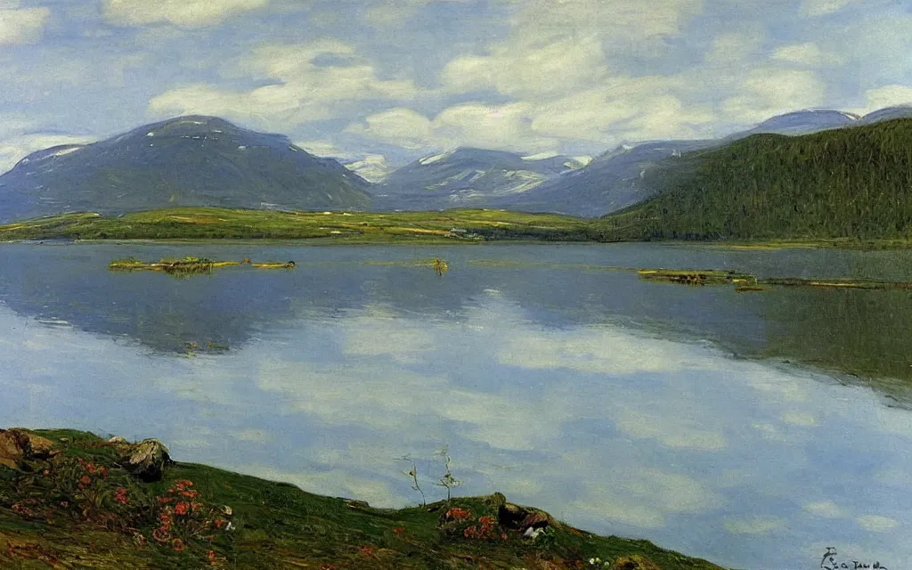 Image similar to a painting of large lake in norway, spring, oil on canvas, by peder severin kroyer