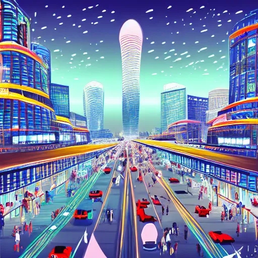 Prompt: modern beijing city view, crowd and traffic underneath the night sky, Anime style, Hyper detailed