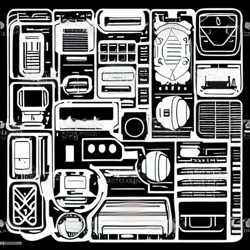 Image similar to futuristic mechanical panel lines, vector art style, black and white, front view