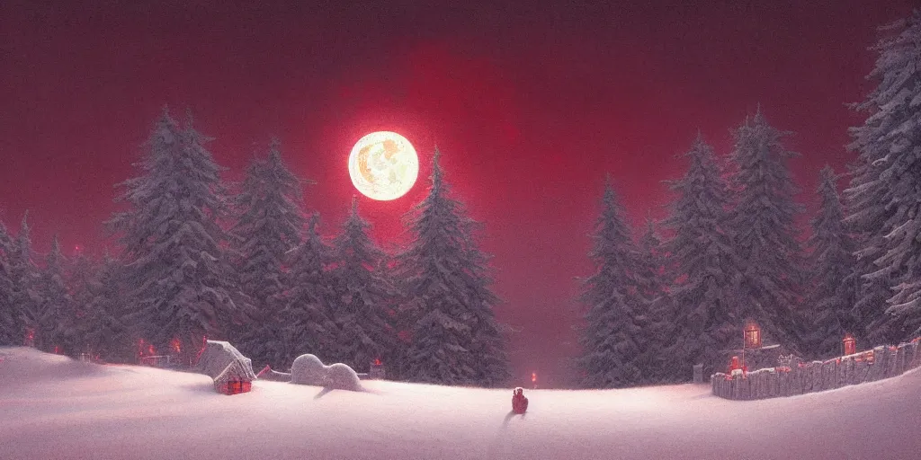 Prompt: painting a snowy landscape under a large blood red harvest supermoon, decorated, intricate, elegant, highly detailed, digital painting, artstation, concept art, smooth, sharp focus, illustration, art by gerald brom, 8 k