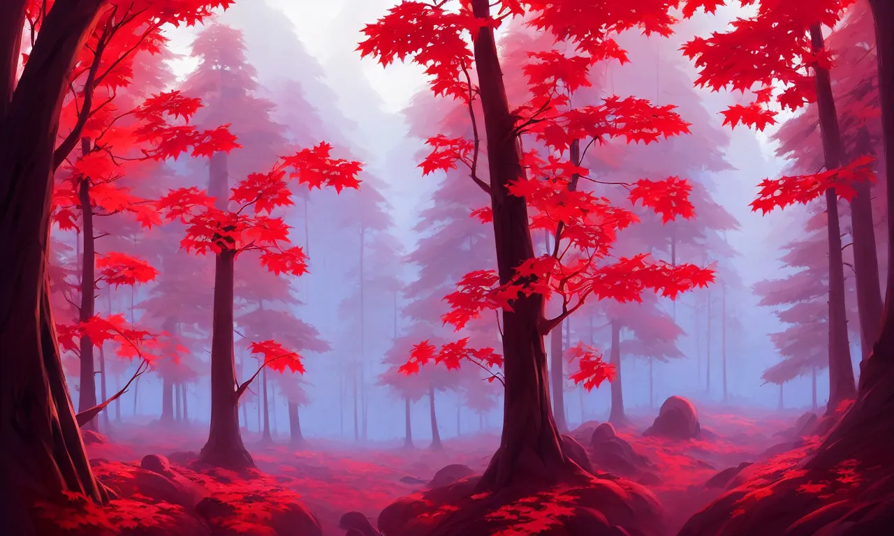 Prompt: Dark forest red maple trees under gorgeous mountains, behance hd by Jesper Ejsing, by RHADS, Makoto Shinkai and Lois van baarle, ilya kuvshinov, rossdraws global illumination