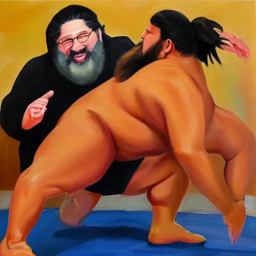 Image similar to oil painting of richard stallman sumo wrestling with bill gates, trending on artstation