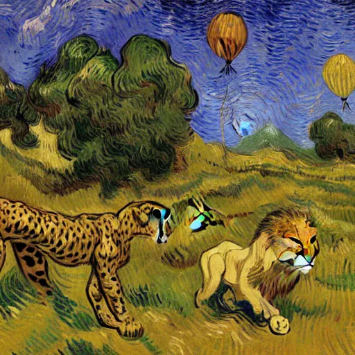 Image similar to cheetah and a lion run through the forest and see a mountain of balloons , concept art, huge scale, high detail, sci fi by van gogh