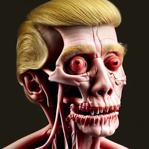 Image similar to Donald Trump with translucent skin, visible muscles and veins and arteries and bones and spine and nerves, beautiful detailed intricate insanely detailed octane render, 8K artistic photography, photorealistic, chiaroscuro, by David Cronenberg, Raphael, Caravaggio