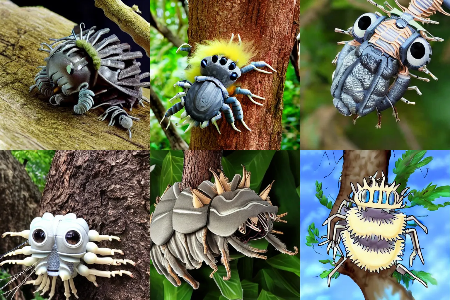 Prompt: a very furry isopod with long legs, climbing a tree, in the style of digimon