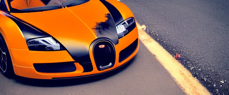 Image similar to orange and black bugatti veyron, driving in South Tangerang, South Jakarta, Indonesia, close up shot, Tilted frame, dutch angle, Deep depth of field, Midday, harsh overhead sunlight, directional sunlight skewed shot, vivid, lively, energetic, colorful, joyful, high quality, trending on artstation,