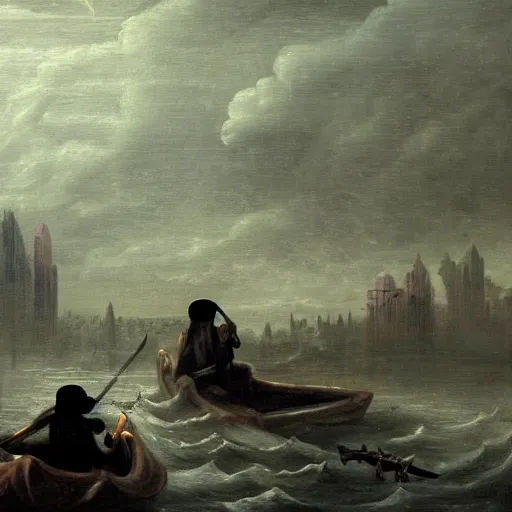 Prompt: charon and a banker in a reaper boat in the river styxx with submerged buildings in the background