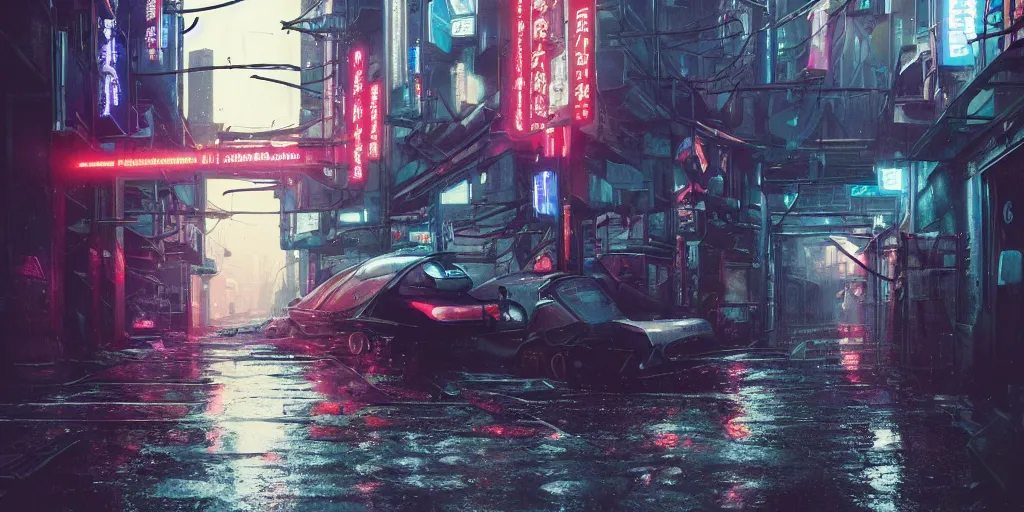 Image similar to Cyberpunk back alley with a futuristic car in the foreground on a rainy day in Japan, low angle view, detailed matte painting, cinematic, Simon Stalenhag, Artstation