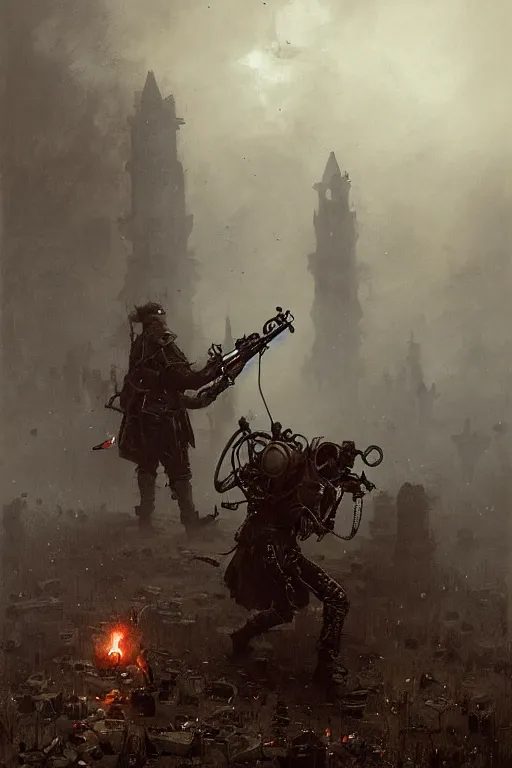 Prompt: Abraham Van Helsing equipped in a heavy steampunk exoskeleton with a machine gun and a backpack flame-thrower fights against vampires and ghouls at an old foggy graveyard by Jakub Różalski