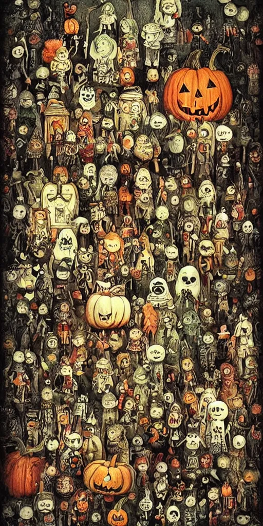 Image similar to a vintage halloween scene by alexander jansson and where's waldo